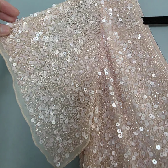 Papell Boutique Evening Pink Sequined Silk Beaded Short Sleeve Top Blouse - XL - Picture 4 of 5